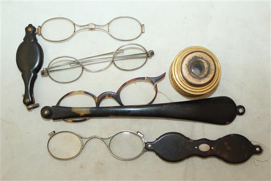 19th C gilt metal four draw spy glass, lorgnettes & spectacles(-)